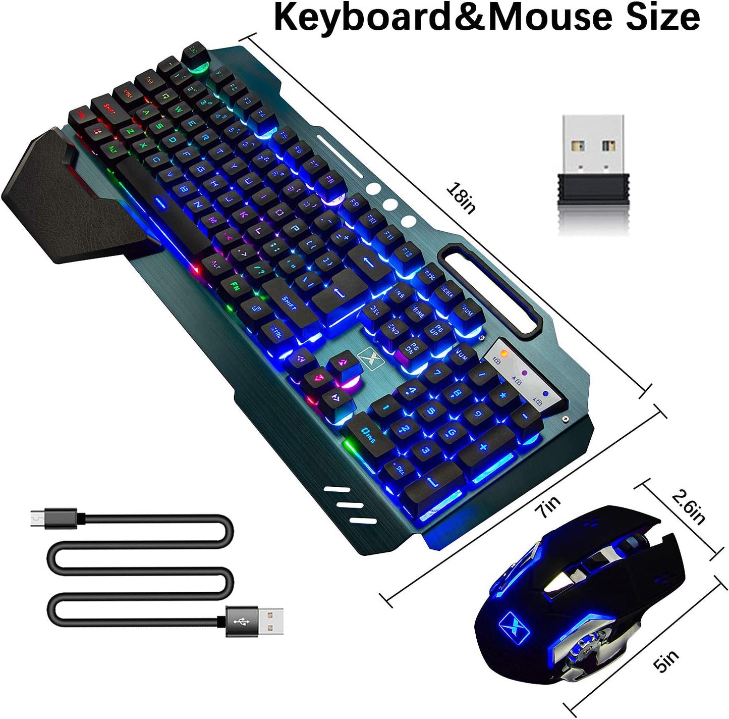 Wireless Gaming Keyboard and Mouse Set with Rainbow Backlighting, Rechargeable 3800mAh Battery, Metal Panel, Removable Hand Rest, Mechanical Feel, and 7-Color Silent Mouse for PC Gamers