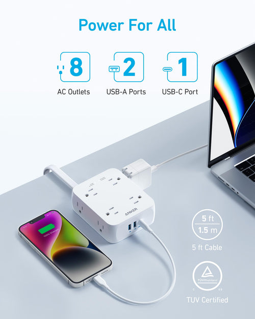 Anker 341 11-in-1 Power Strip: Features 8 AC outlets, 2 USB-A ports, and 1 USB-C port