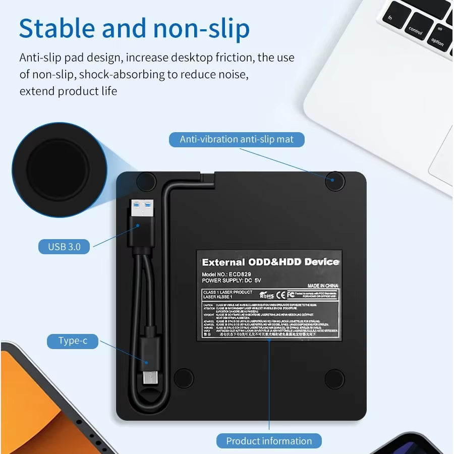 External DVD RW Drive USB 3.0 Type C 2 in 1 Interface Slim DVD CD Writer Burner Reader Player Optical Drive for Laptop PC