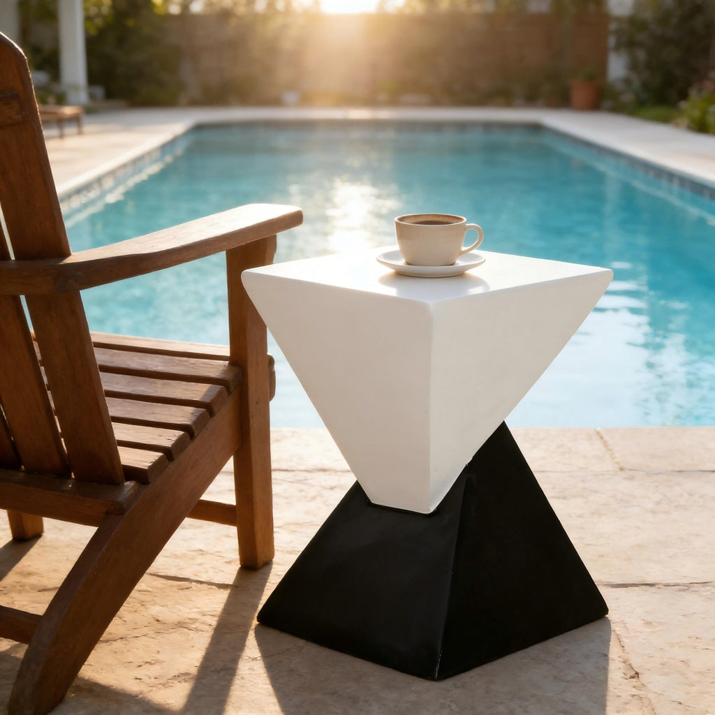Modern Geometric MGO Side Table - Black & White Two Tone Indoor Outdoor End Table for Living Room, Patio, Garden, 18'' H x 12.5'' Base