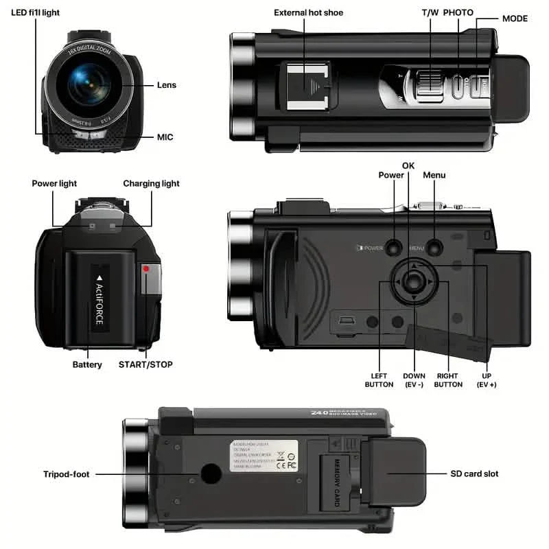 16x Zoom 1080P HD Digital Camera Bundle with 2 Batteries, 32G TF Card, Mic, Hood & Bag