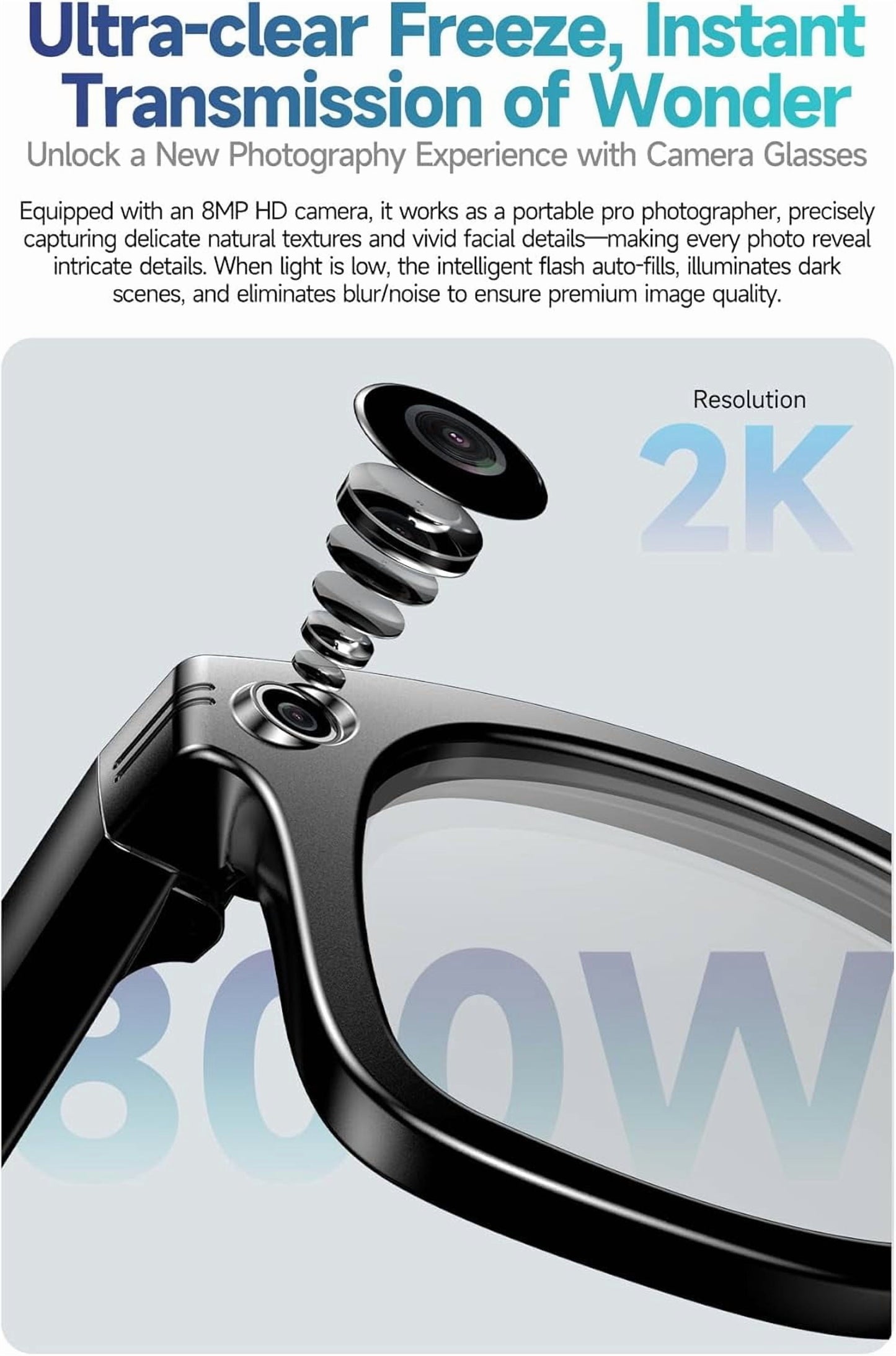 AI Smart Glasses, 800W Camera & 1080P Video, Smart Glasses with Camera and Bluetooth, AI Glasses for Calls & Musi,Uv Protection,Anti-Blue Light Glasses Everyday Wear