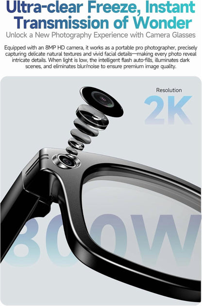 AI Smart Glasses, 800W Camera & 1080P Video, Smart Glasses with Camera and Bluetooth, AI Glasses for Calls & Musi,Uv Protection,Anti-Blue Light Glasses Everyday Wear