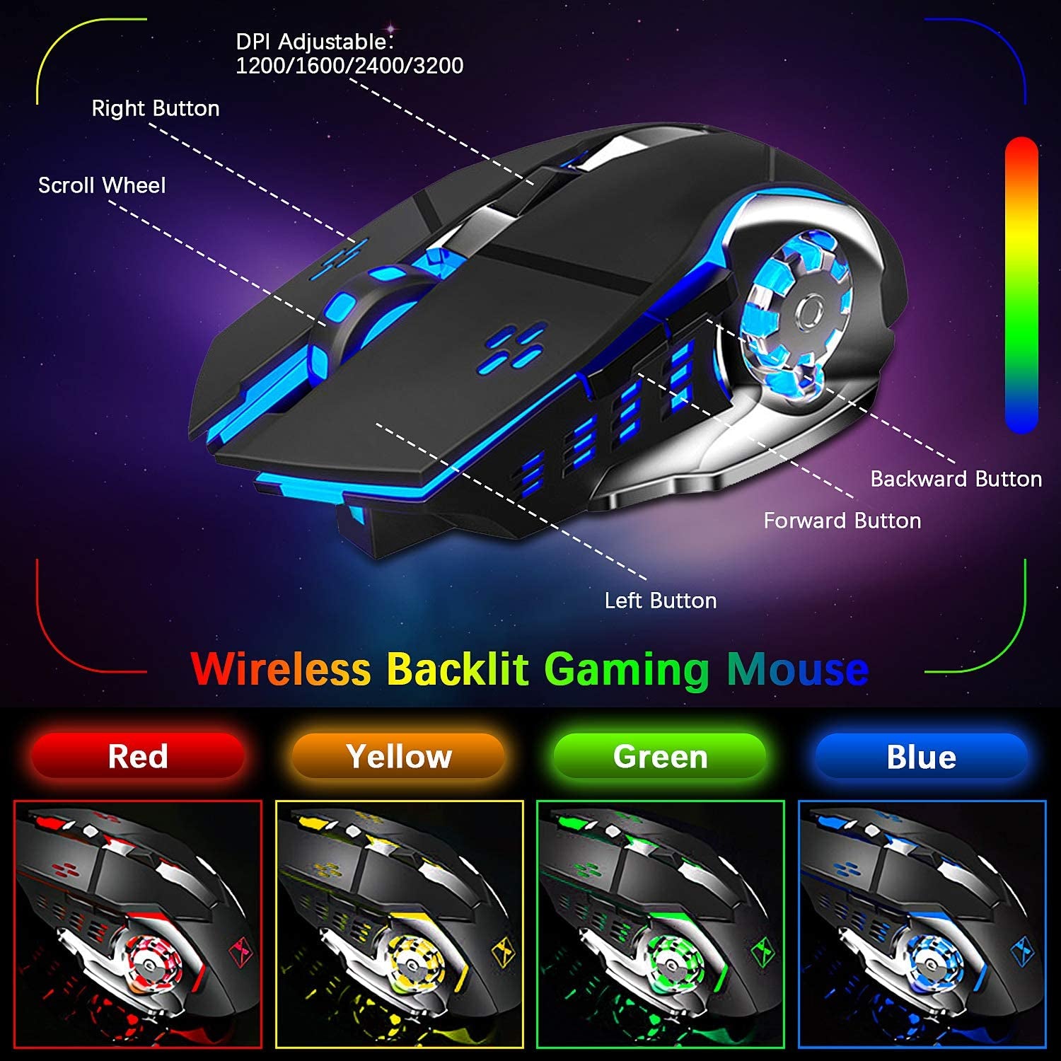 Wireless Gaming Keyboard and Mouse Set with Rainbow Backlighting, Rechargeable 3800mAh Battery, Metal Panel, Removable Hand Rest, Mechanical Feel, and 7-Color Silent Mouse for PC Gamers