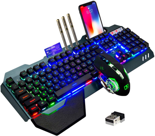 Wireless Gaming Keyboard and Mouse Set with Rainbow Backlighting, Rechargeable 3800mAh Battery, Metal Panel, Removable Hand Rest, Mechanical Feel, and 7-Color Silent Mouse for PC Gamers