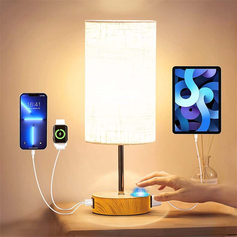 Living Room Study Touch Three-speed Dimming Wood Grain Table Lamp Charging Station