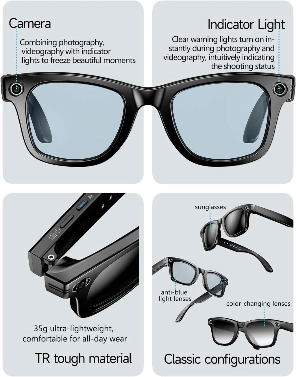 AI Smart Glasses, 800W Camera & 1080P Video, Smart Glasses with Camera and Bluetooth, AI Glasses for Calls & Musi,Uv Protection,Anti-Blue Light Glasses Everyday Wear