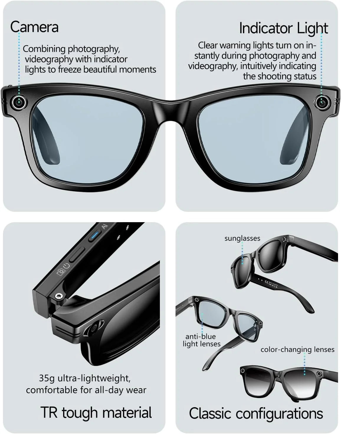 AI Smart Glasses, 800W Camera & 1080P Video, Smart Glasses with Camera and Bluetooth, AI Glasses for Calls & Musi,Uv Protection,Anti-Blue Light Glasses Everyday Wear