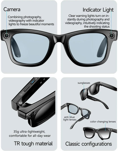 AI Smart Glasses, 800W Camera & 1080P Video, Smart Glasses with Camera and Bluetooth, AI Glasses for Calls & Musi,Uv Protection,Anti-Blue Light Glasses Everyday Wear