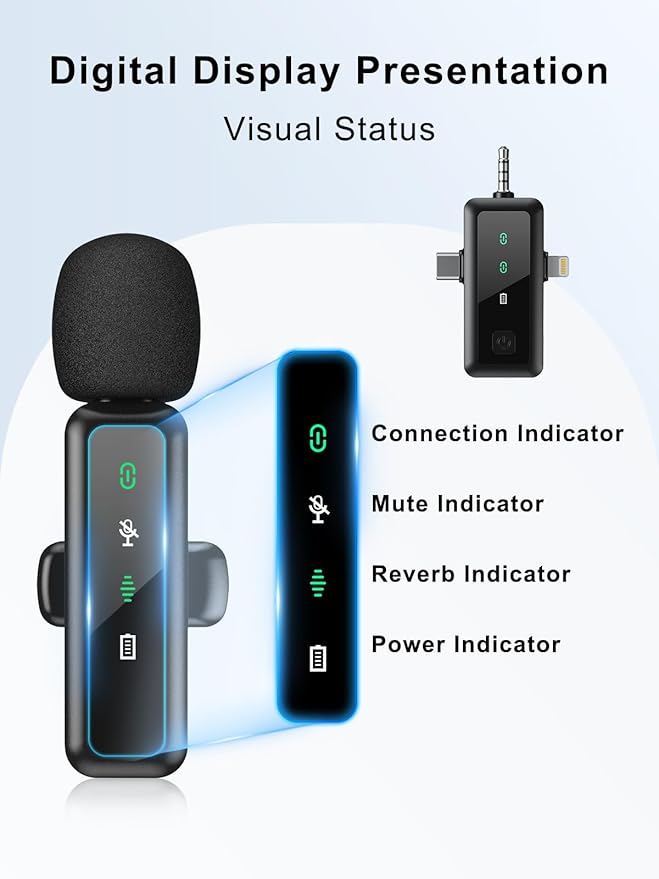 3 IN 1 Wireless Lavalier Microphones for iPhone/Android/Camera Devices(Lightning/USBC/3.5 mm Jack), 2 Pack Mini LED Display Lapel Mic with Mute/Reverb/Noise Reduction for TikTok/YouTube/Vlog Recording