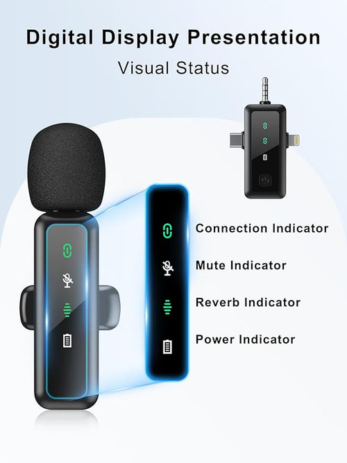 3 IN 1 Wireless Lavalier Microphones for iPhone/Android/Camera Devices(Lightning/USBC/3.5 mm Jack), 2 Pack Mini LED Display Lapel Mic with Mute/Reverb/Noise Reduction for TikTok/YouTube/Vlog Recording