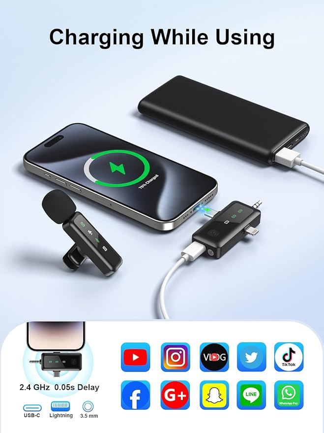 3 IN 1 Wireless Lavalier Microphones for iPhone/Android/Camera Devices(Lightning/USBC/3.5 mm Jack), 2 Pack Mini LED Display Lapel Mic with Mute/Reverb/Noise Reduction for TikTok/YouTube/Vlog Recording