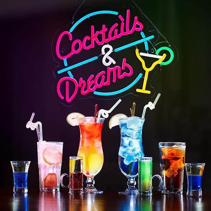 Cocktails and Dreams Neon Sign for Wall Decor Beer Bar Neon Light Smart plug timer compatible USB-Powered Perfect for Home Bars, Pubs & Restaurants (15.4x12.6 Inches)