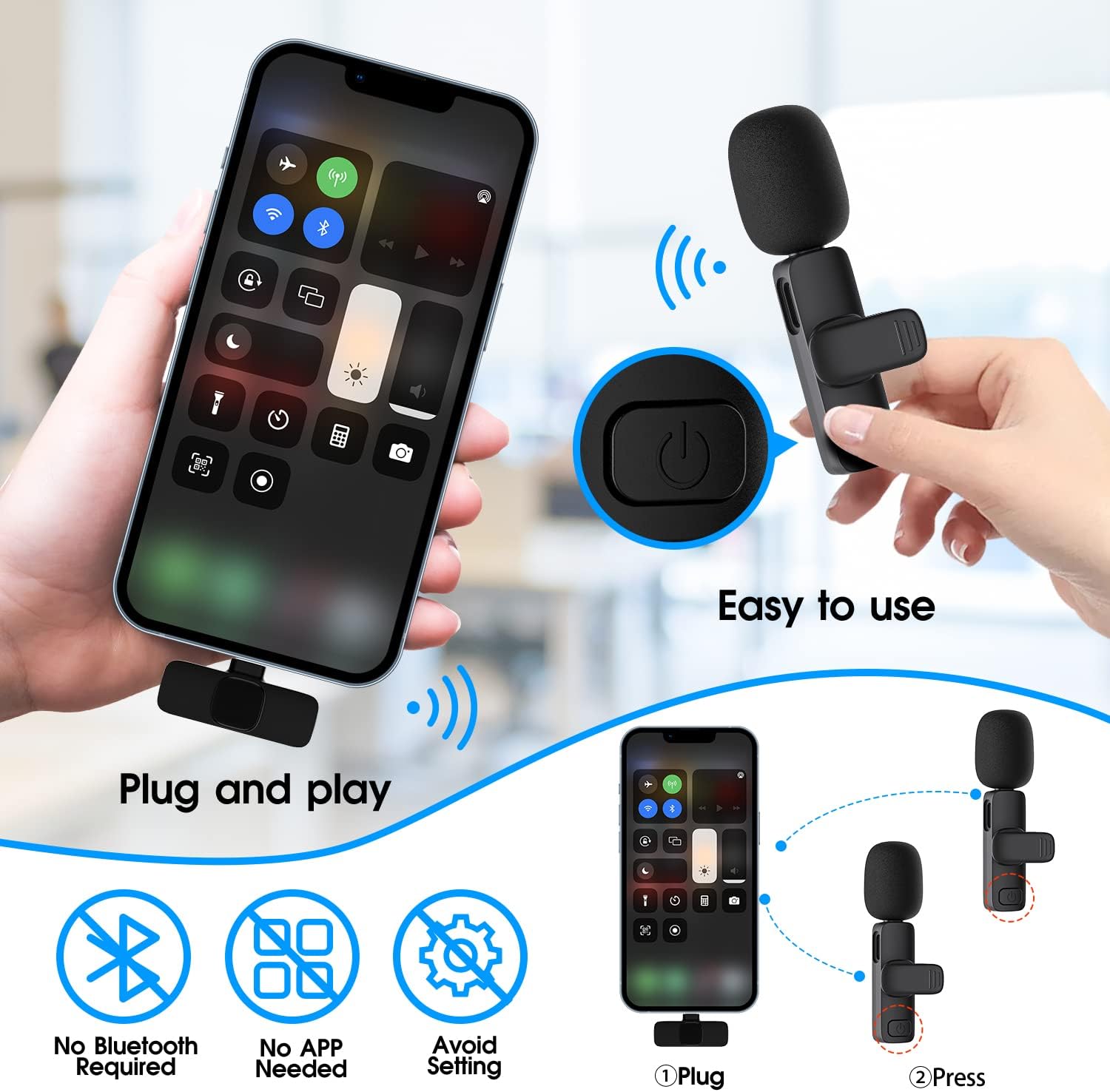 Wireless Lavalier Microphone for iPhone iPad Dual Clip On Mic 2 Pack Lightning
