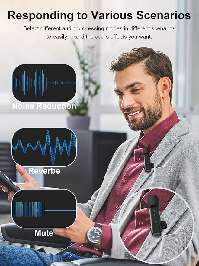 3 IN 1 Wireless Lavalier Microphones for iPhone/Android/Camera Devices(Lightning/USBC/3.5 mm Jack), 2 Pack Mini LED Display Lapel Mic with Mute/Reverb/Noise Reduction for TikTok/YouTube/Vlog Recording