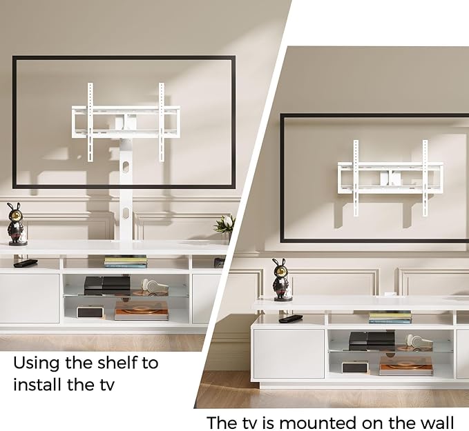 Rolanstar TV Stand with Mount and Power Outlet 51.2", Swivel TV Stand Mount for 32/45/55/60/65/70 inch TVs, Height Adjustable Modern Entertainment Center with Storage & LED Lights, TV Table White