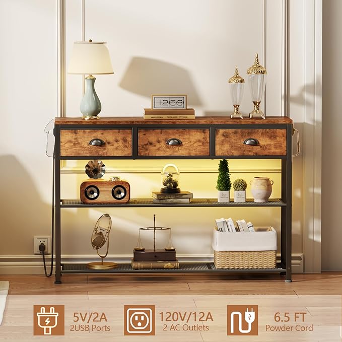 Furologee Console Table with Charging Station 38'' Entryway Table LED
