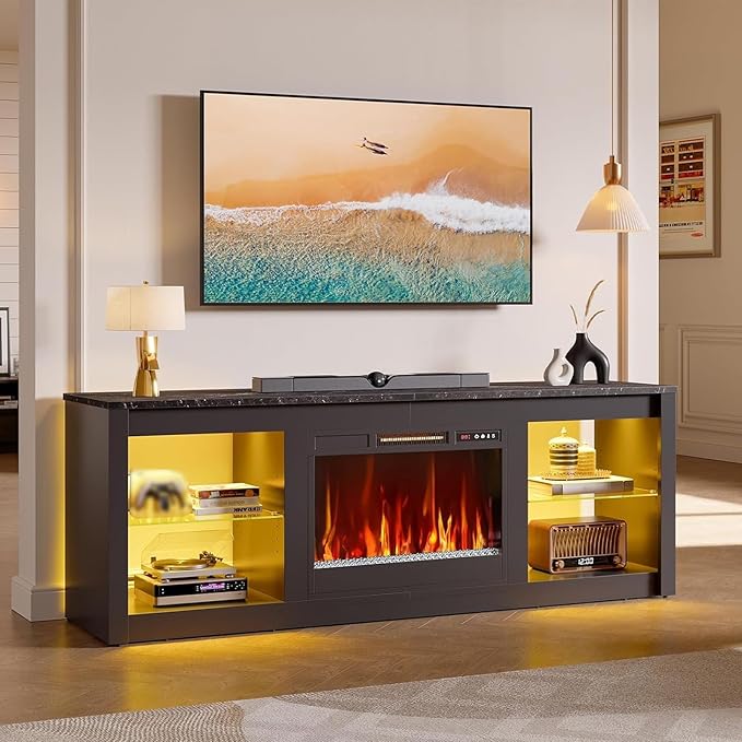 Bestier 70 Inch Fireplace TV Stand for TV up to 75", LED Entertainment Center with 23" Electric Fireplace Media Console Table for Living Room with Glass Shelves, Black Marble
