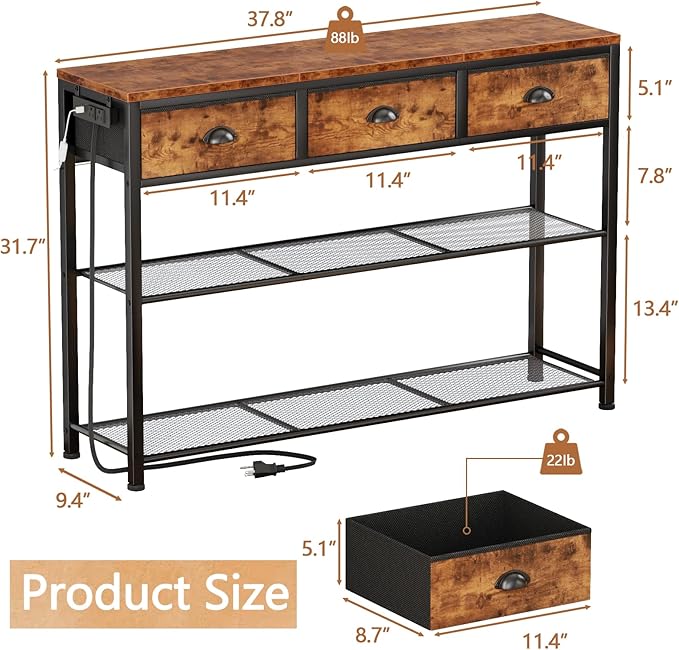 Furologee Console Table with Charging Station 38'' Entryway Table LED