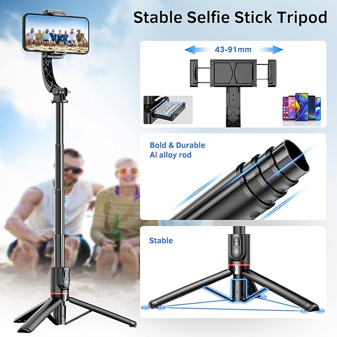 Smartphone Gimbal Stabilizer with Remote, Aluminum Extendable Selfie Stick Tripod, 360° Automatic Rotation, Auto Balance for Live Video Recording, Vlogging, YouTube Compatible with iPhone and Android