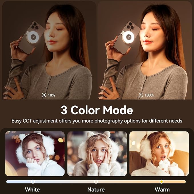 Fill Light for Magsafe LED Phone Light Attachment Selfie Ring Light Brightness Adjustable Compatible w Magsafe for iPhone Smartphone Vlogs/Photography/Video Conference Color Black