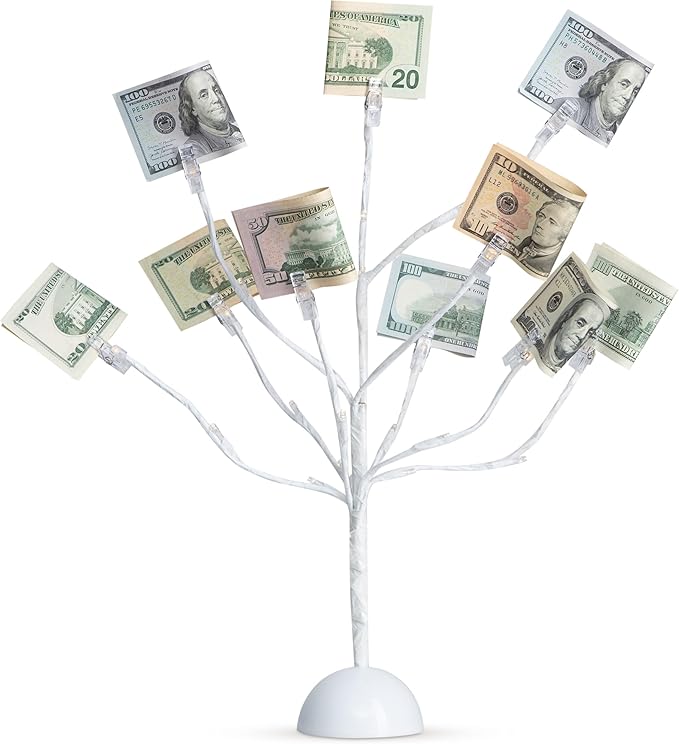 CraftyCrocodile LED Gift Card Tree Holder - Metal Display Stand with 10 Flexible Clips for Photos, Money, Lottery Tickets, Cards & Notes - 25 Warm Lights