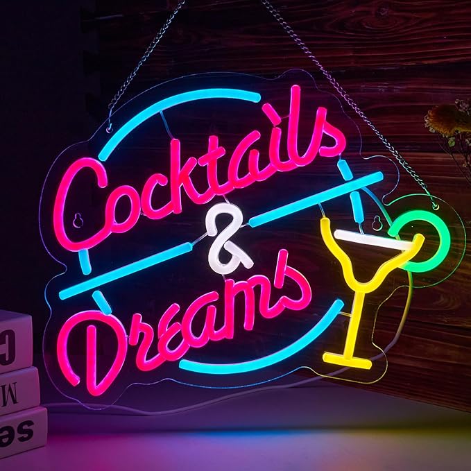 Cocktails and Dreams Neon Sign for Wall Decor Beer Bar Neon Light Smart plug timer compatible USB-Powered Perfect for Home Bars, Pubs & Restaurants (15.4x12.6 Inches)