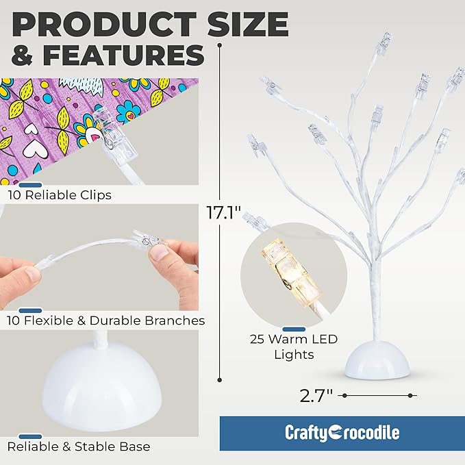 CraftyCrocodile LED Gift Card Tree Holder - Metal Display Stand with 10 Flexible Clips for Photos, Money, Lottery Tickets, Cards & Notes - 25 Warm Lights