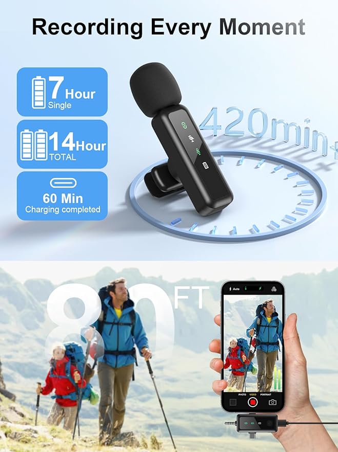 3 IN 1 Wireless Lavalier Microphones for iPhone/Android/Camera Devices(Lightning/USBC/3.5 mm Jack), 2 Pack Mini LED Display Lapel Mic with Mute/Reverb/Noise Reduction for TikTok/YouTube/Vlog Recording