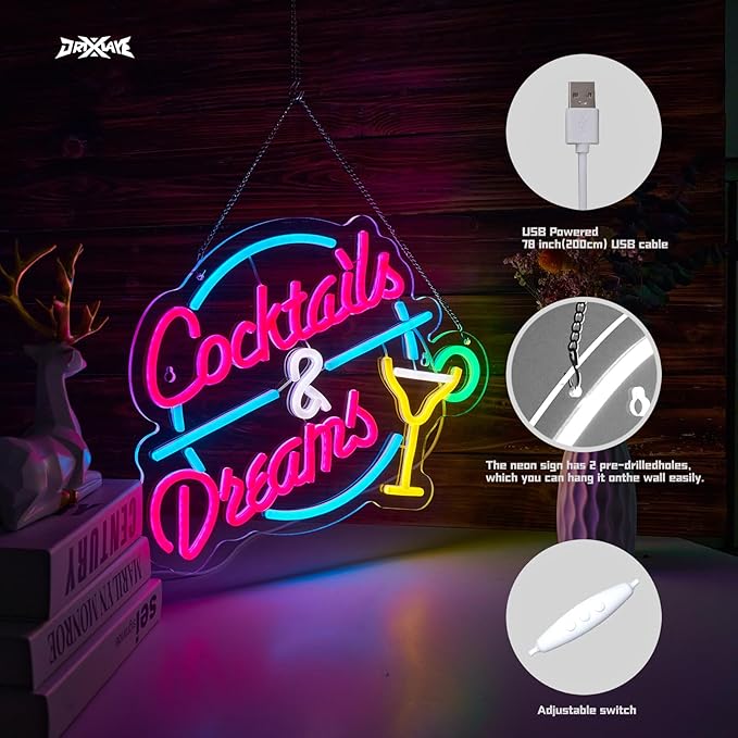 Cocktails and Dreams Neon Sign for Wall Decor Beer Bar Neon Light Smart plug timer compatible USB-Powered Perfect for Home Bars, Pubs & Restaurants (15.4x12.6 Inches)