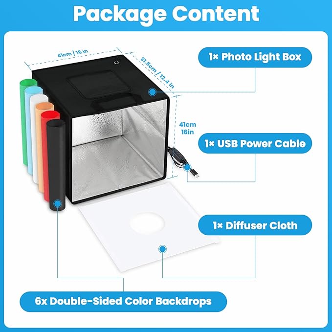 Heimekite Light Box,Light Box Photography,16"x16"Photo Box,Photo Light Box,Product Photography Light Box with CRI >95,120 LEDs Lights,6 Photo Backdrops for Product Display