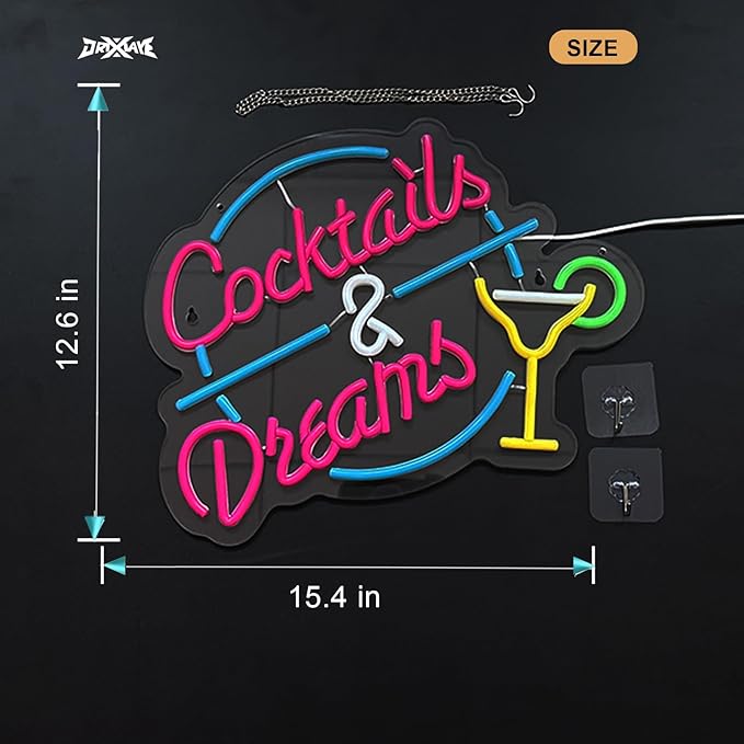 Cocktails and Dreams Neon Sign for Wall Decor Beer Bar Neon Light Smart plug timer compatible USB-Powered Perfect for Home Bars, Pubs & Restaurants (15.4x12.6 Inches)