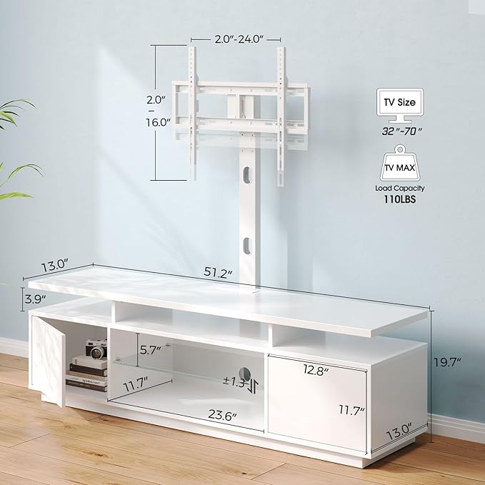 Rolanstar TV Stand with Mount and Power Outlet 51.2", Swivel TV Stand Mount for 32/45/55/60/65/70 inch TVs, Height Adjustable Modern Entertainment Center with Storage & LED Lights, TV Table White