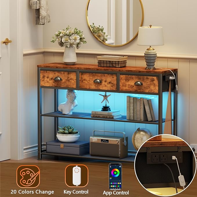 Furologee Console Table with Charging Station 38'' Entryway Table LED