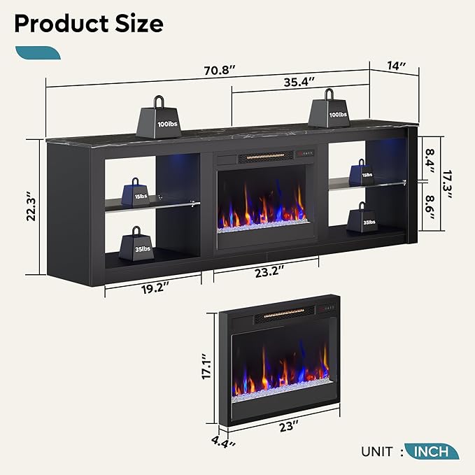 Bestier 70 Inch Fireplace TV Stand for TV up to 75", LED Entertainment Center with 23" Electric Fireplace Media Console Table for Living Room with Glass Shelves, Black Marble