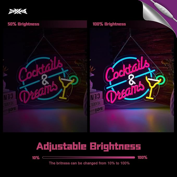 Cocktails and Dreams Neon Sign for Wall Decor Beer Bar Neon Light Smart plug timer compatible USB-Powered Perfect for Home Bars, Pubs & Restaurants (15.4x12.6 Inches)