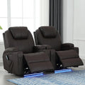 Power Recliner Chair with Heat and Massage, PU Leather Home Theater Seating with LED Lights/Cup Holders/Side Pocket/USB Port, Reclining Sofa Chair for Living Room(2, Brown)