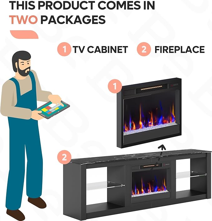 Bestier 70 Inch Fireplace TV Stand for TV up to 75", LED Entertainment Center with 23" Electric Fireplace Media Console Table for Living Room with Glass Shelves, Black Marble