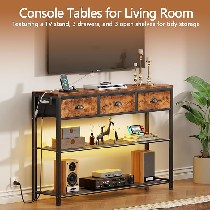 Furologee Console Table with Charging Station 38'' Entryway Table LED