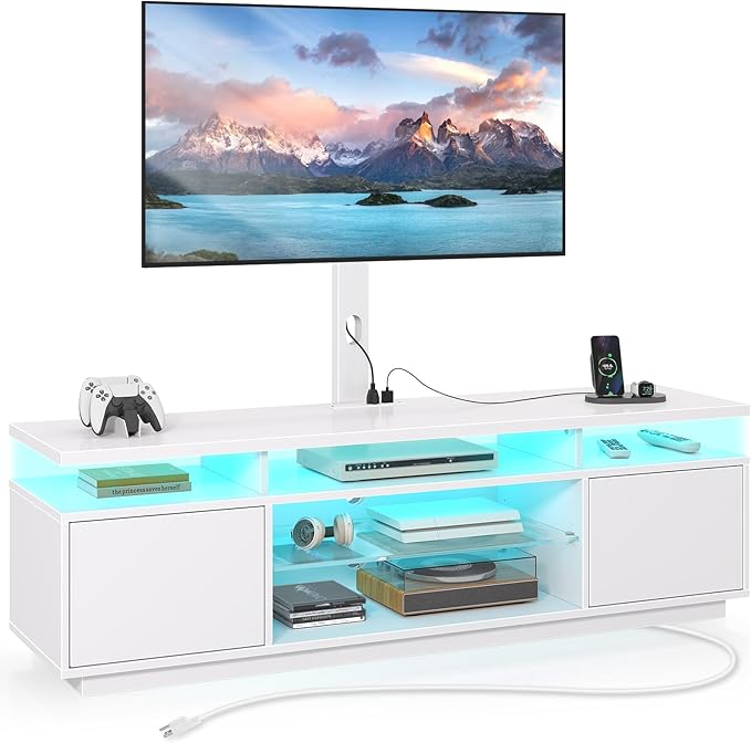 Rolanstar TV Stand with Mount and Power Outlet 51.2", Swivel TV Stand Mount for 32/45/55/60/65/70 inch TVs, Height Adjustable Modern Entertainment Center with Storage & LED Lights, TV Table White