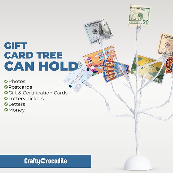CraftyCrocodile LED Gift Card Tree Holder - Metal Display Stand with 10 Flexible Clips for Photos, Money, Lottery Tickets, Cards & Notes - 25 Warm Lights