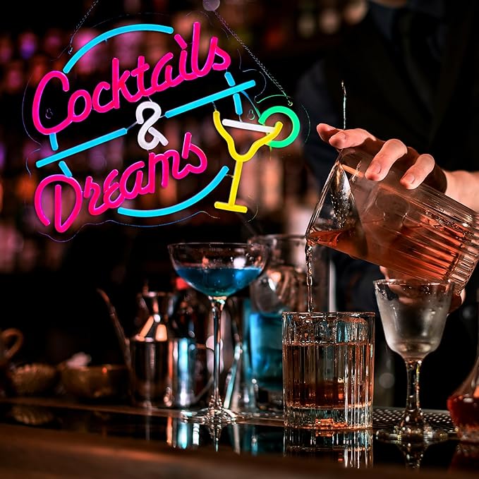 Cocktails and Dreams Neon Sign for Wall Decor Beer Bar Neon Light Smart plug timer compatible USB-Powered Perfect for Home Bars, Pubs & Restaurants (15.4x12.6 Inches)