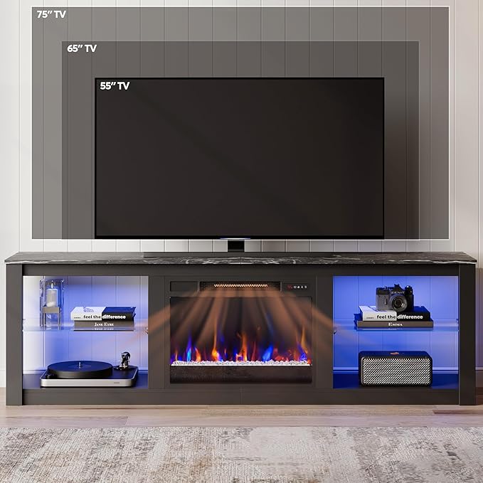 Bestier 70 Inch Fireplace TV Stand for TV up to 75", LED Entertainment Center with 23" Electric Fireplace Media Console Table for Living Room with Glass Shelves, Black Marble