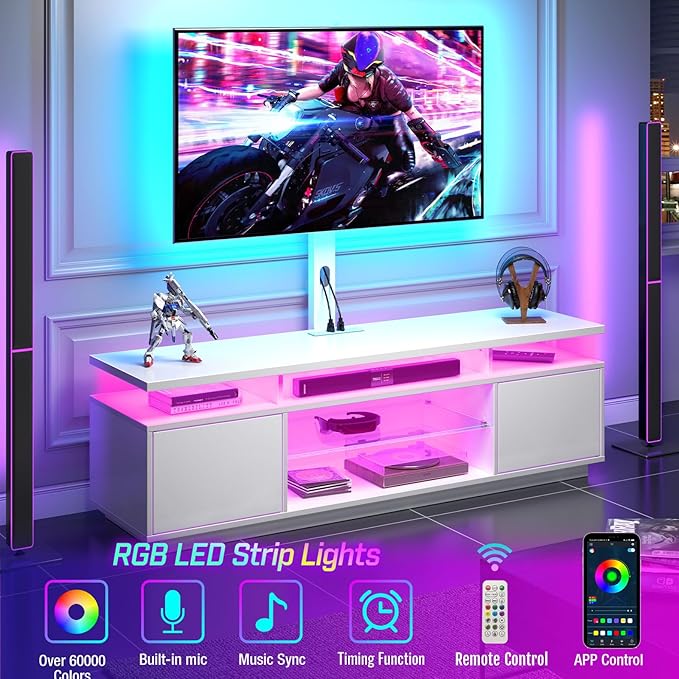 Rolanstar TV Stand with Mount and Power Outlet 51.2", Swivel TV Stand Mount for 32/45/55/60/65/70 inch TVs, Height Adjustable Modern Entertainment Center with Storage & LED Lights, TV Table White