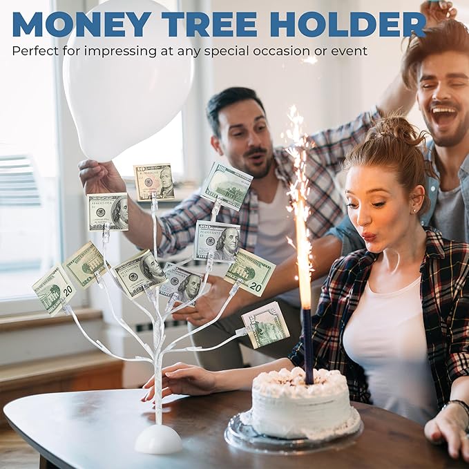 CraftyCrocodile LED Gift Card Tree Holder - Metal Display Stand with 10 Flexible Clips for Photos, Money, Lottery Tickets, Cards & Notes - 25 Warm Lights