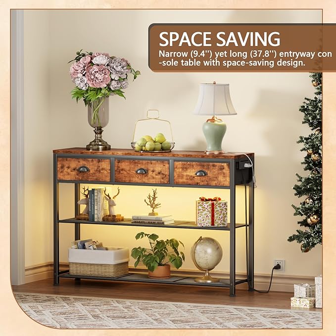 Furologee Console Table with Charging Station 38'' Entryway Table LED