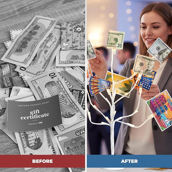 CraftyCrocodile LED Gift Card Tree Holder - Metal Display Stand with 10 Flexible Clips for Photos, Money, Lottery Tickets, Cards & Notes - 25 Warm Lights