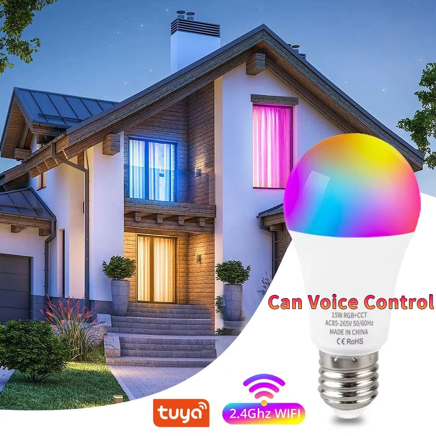 Tuya Wifi Bluetooth E27 Smart Bulb RGBCW 100-240V 15W LED Lamp E27 Light Bulbs App Voice Control Support Alexa Google Home Alice