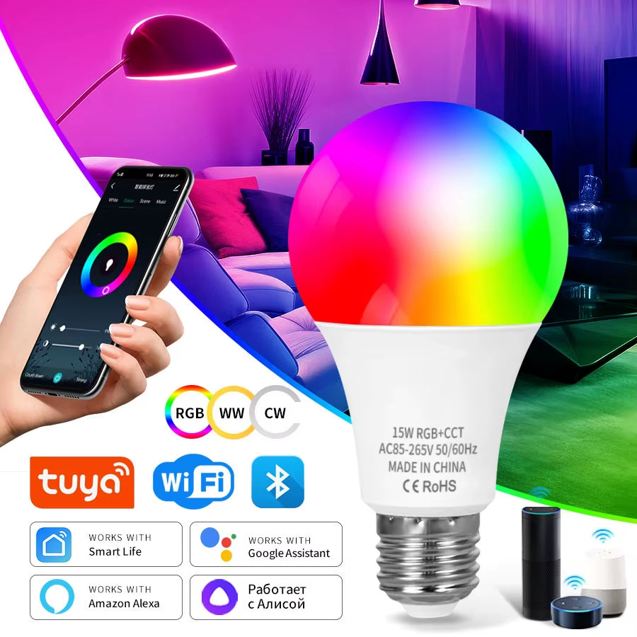 Tuya Wifi Bluetooth E27 Smart Bulb RGBCW 100-240V 15W LED Lamp E27 Light Bulbs App Voice Control Support Alexa Google Home Alice