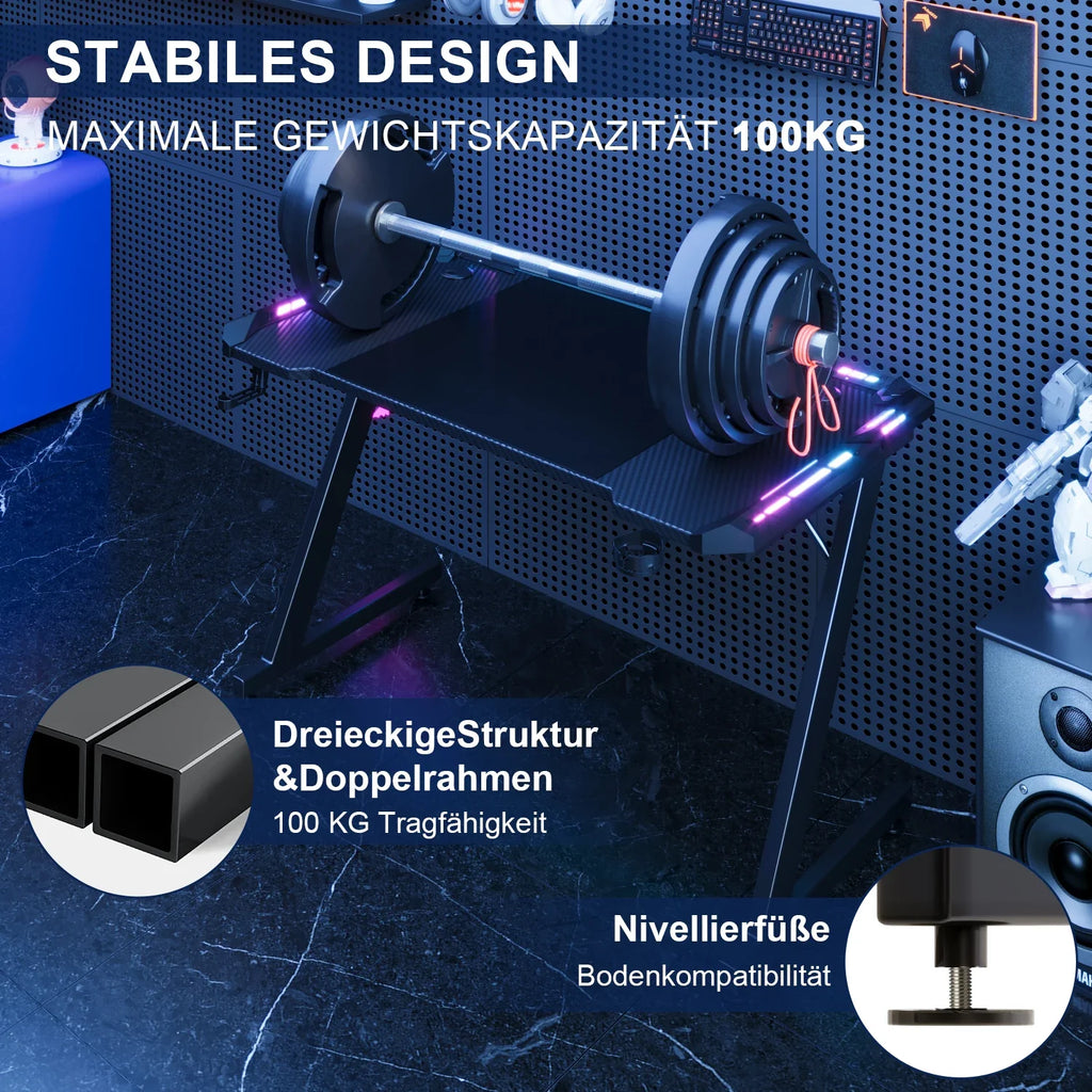 Devoko Gaming table with LED 120x60 cm Gaming desk Z-Frame Ergonomic Gamer PC table with Cup Holder